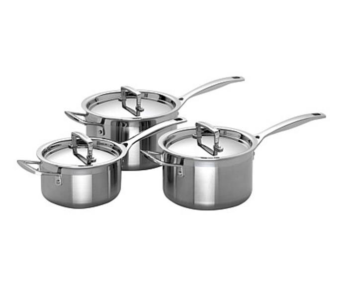**[Le Creuset 3ply stainless steel 3pc cookware set, $600 (usually $800), David Jones](https://davidjones.k98d.net/c/3001951/378297/5504?&u=https://www.davidjones.com/brand/le-creuset/20339790/3PLY-Stainless-Steel-3-Piece-Cookware-Set.html|target="_blank"|rel="nofollow")**

A classic choice of cookware, Le Creuset's three-ply stainless steels saucepans take the mess out of serving up a cleverly constructed meal. Featuring an all-round pouring rim that allows you to pour from any angle without drip, capacity markings etched into the pans' walls and concave bases for peak performances on induction cooktops, entertaining is made no mean feat. **[SHOP NOW.](https://davidjones.k98d.net/c/3001951/378297/5504?&u=https://www.davidjones.com/brand/le-creuset/20339790/3PLY-Stainless-Steel-3-Piece-Cookware-Set.html|target="_blank"|rel="nofollow")**