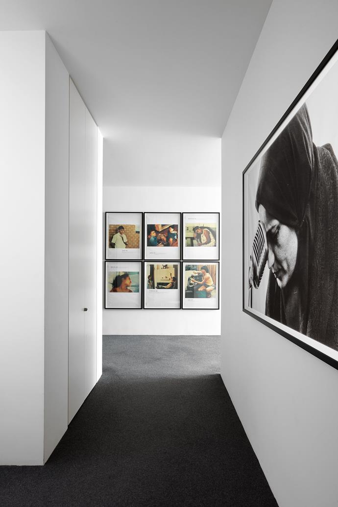 On the upstairs landing leading to the bedrooms is a series of offset prints by Tracey Moffatt, Scarred for Life, 1994. On the right is Iranian/ American artist Shirin Neshat's Turbulent, 1998.