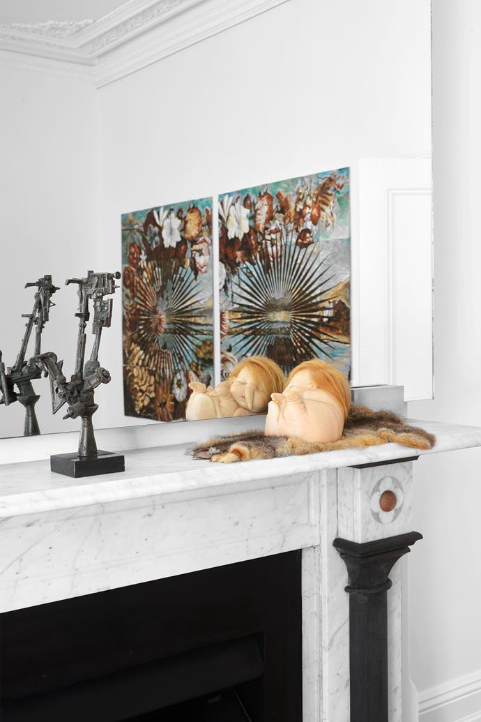 In the formal dining room, Imants Tillers' diptych, Force of Destiny, 1989, is reflected in the mirror. On the mantelpiece, Robert Klippel's Opus 213, 1967, bronze sculpture on black marble base and Newborn, 2010, by Patricia Piccinini.