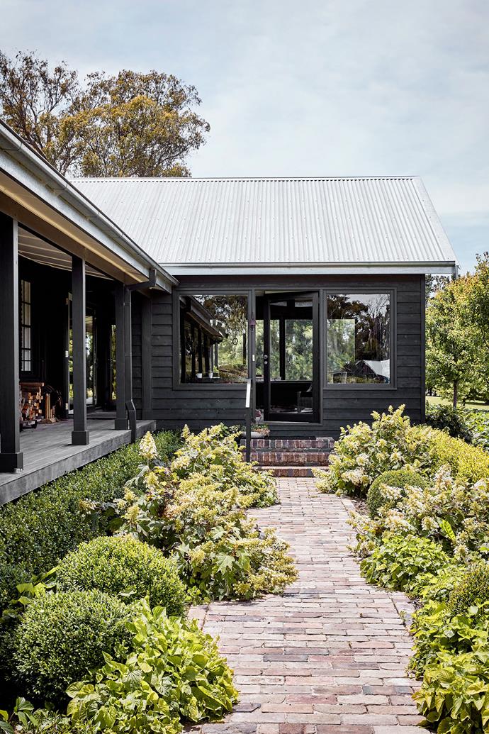The path to the main door of this [modern Southern Highlands farmhouse](https://www.homestolove.com.au/old-bong-bong-farm-southern-highlands-23524|target="_blank") is lined with buxus and oakleaf hydrangea. At the rear of the home, a ornamental grapevine climbs over the pergola, giving the deck a Mediterranean feel.