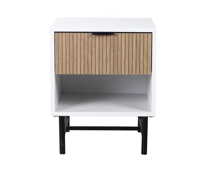 With its triple textured finish of sleek white, black metallic legs and textured timber drawer face, give a boring bedside a layered look with the [Linear bedside table $65](https://www.bigw.com.au/product/home-trading-co-linear-bed-side-table/p/183154|target="_blank"|rel="nofollow").