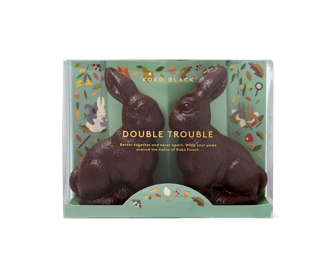 **[Double Trouble 54% Dark Chocolate Bunnies, $30, Koko Black](https://www.kokoblack.com/products/double-trouble-54-dark-chocolate|target="_blank"|rel="nofollow")**

What's Easter without a decadent bunny to bite into? This delightfully delicious duo make a beautiful table centrepiece while also ensuring there's plenty of chocolate to share around when friends and family visit. **[SHOP NOW.](https://www.kokoblack.com/products/double-trouble-54-dark-chocolate|target="_blank"|rel="nofollow")** 
