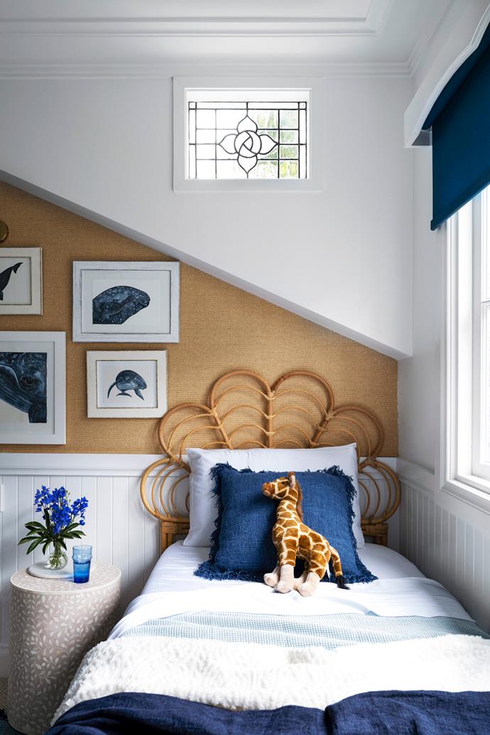 **BEDROOM** Sarah used blue accents in this kids bedroom – from the whale watercolours by Michelle Fleur, courtesy of [Etsy](https://www.etsy.com/au/c/home-and-living?ref=catnav-891|target="_blank"|rel="nofollow"), to the 'Carnival' blinds in Topaz from Above & Beyond Shade Solutions – as a nice contrast to the original wainscoting painted white. A pink bone inlay side table from Gilt brings tonal variation.