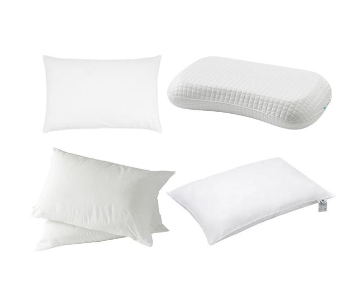 Left to right: **[Anko by Kmart medium profile supreme comfort pillows twin pack, $22, Catch.com.au](https://www.catch.com.au/product/anko-by-kmart-medium-profile-supreme-comfort-pillows-twin-pack-6641918/|target="_blank"|rel="nofollow")**, **[Klubbsporre ergonomic pillow, $59, IKEA](https://www.ikea.com/au/en/p/klubbsporre-ergonomic-pillow-multi-position-80446097/|target="_blank"|rel="nofollow")**, **[Tontine Allergy Sensitive Pillow, $36.95, Freedom](https://www.freedom.com.au/product/24335621|target="_blank"|rel="nofollow")**, **[Wooltara Australian wool rich pillow low profile, $54.95, Zanui](https://www.zanui.com.au/australian-wool-rich-pillow-low-profile-169511.html|target="_blank"|rel="nofollow")**.