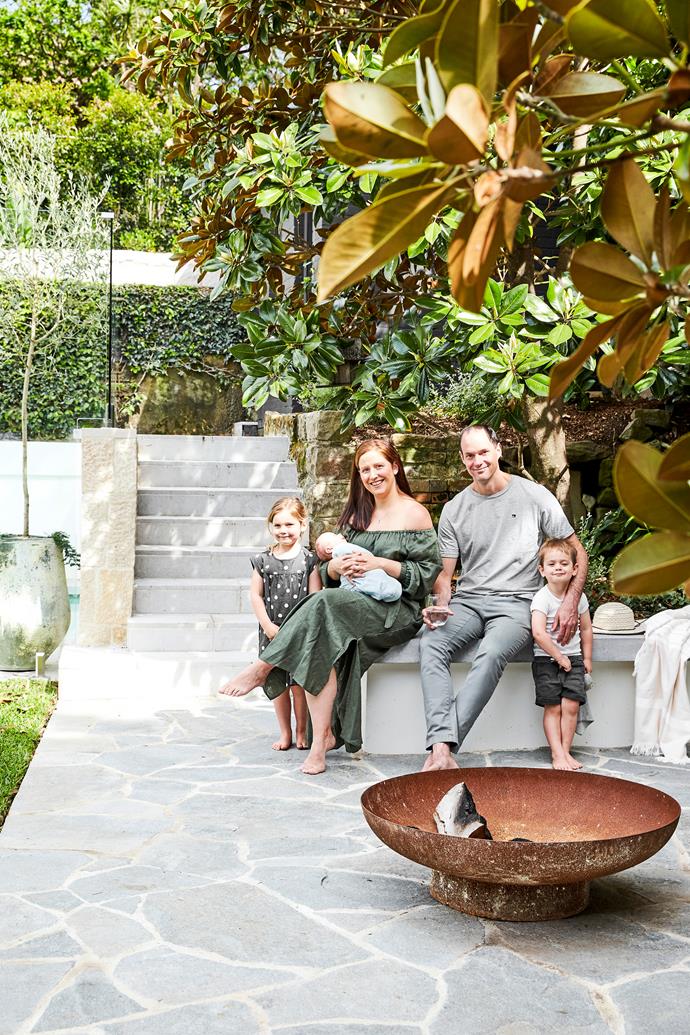 The family love spending time around the fire pit in their backyard. The space has been remodelled by [Harrison's Landscaping](https://www.harrisonslandscaping.com.au/|target="_blank"|rel="nofollow"), with paving and 'Barrimah' limestone wall cladding from Eco Outdoor.