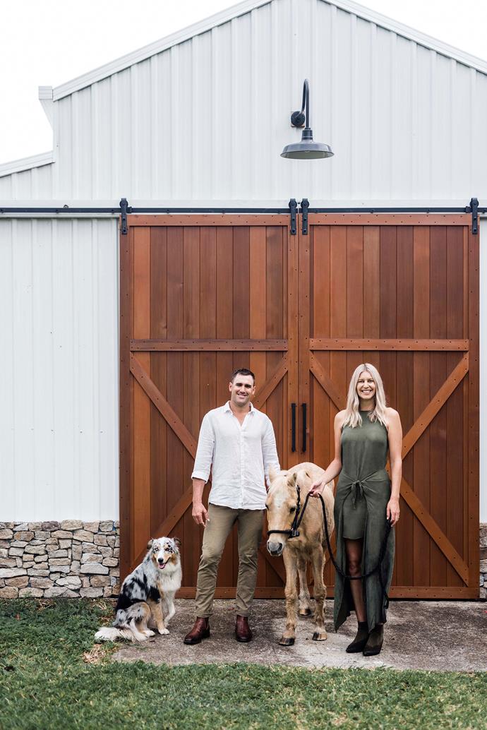 Upon missing out on their dream property in south-east Queensland, homeowners Nikki and Luke made a bold choice to purchase a [1990s-era house on two hectares](https://www.homestolove.com.au/90s-brick-farmhouse-renovation-22951|target="_blank") of property sight-unseen. Every day is now an adventure, which the couple share with two cows, gifted from friends, Nikki's childhood pony Rosé, a 39-year-old palomino, and their Australian shepherd Aya. 