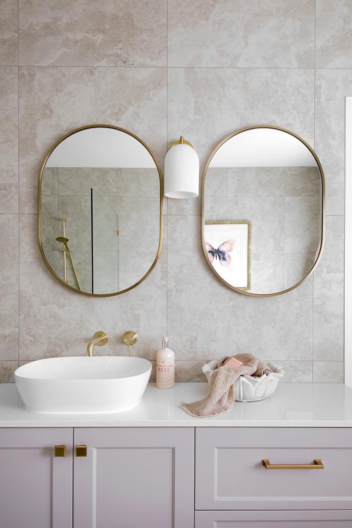 **SOFIA'S BATHROOM** Floor-to-ceiling 'Travertino Ivory' tiles from Inspired Home Selections and a vanity in [Dulux Smokebush](https://www.dulux.com.au/colours/details/291385_28615|target="_blank"|rel="nofollow") make Sofia's space unique. 'Pill' mirrors from Future Glass reflect a Delicate Butterfly IV artwork from Designer Boys on the opposite wall.