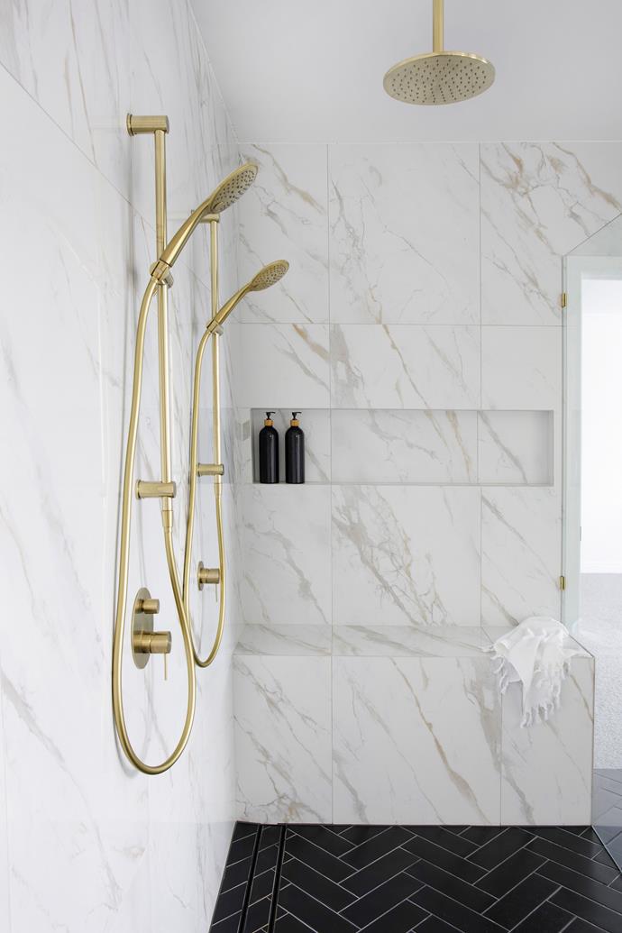 Nero 'Mecca' shower tapware in Brushed Gold (try Tradelink) continues the home's metallic presence.