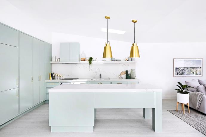 "We knew we couldn't afford real marble for this project, so Caesarstone was the obvious alternative for the benchtop," says Lana Taylor of Three Birds Renovations, on choosing materials for [this Sydney home's renovation](https://www.homestolove.com.au/pastel-green-kitchen-by-three-birds-renovations-5209|target="_blank").