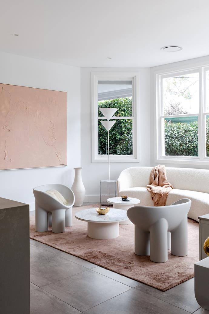 Renovated in a minimalist style, the owner of [this gallery-like home in Sydney's Randwick](https://www.homestolove.com.au/minimalist-federation-home-sydney-23067|target="_blank") wanted to fill it with things that made her happy - including plenty of art and two Roly Poly chairs. The Concrete colourway complements the grey and blush tones of the modern space.
