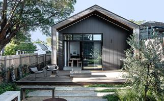 modern extension on the back of a Federation cottage with a leafy backyard planted with natives
