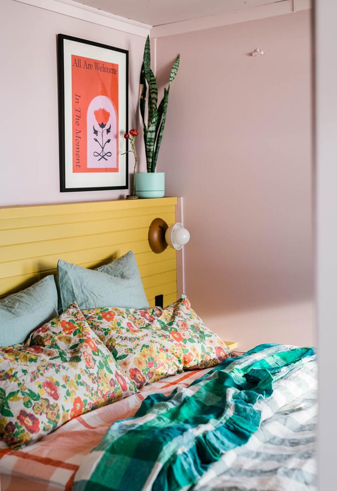 The bedroom of [Love & Mutiny](https://www.homestolove.com.au/love-and-mutiny-airbnb-23638|target="_blank"), a beach shack on Yorke Peninsula, gives some serious retro vibes via its palette of pinks, greens and just a hint of mustard. In spite of its vibrance, this room still has a real sense of cosiness and unwind.