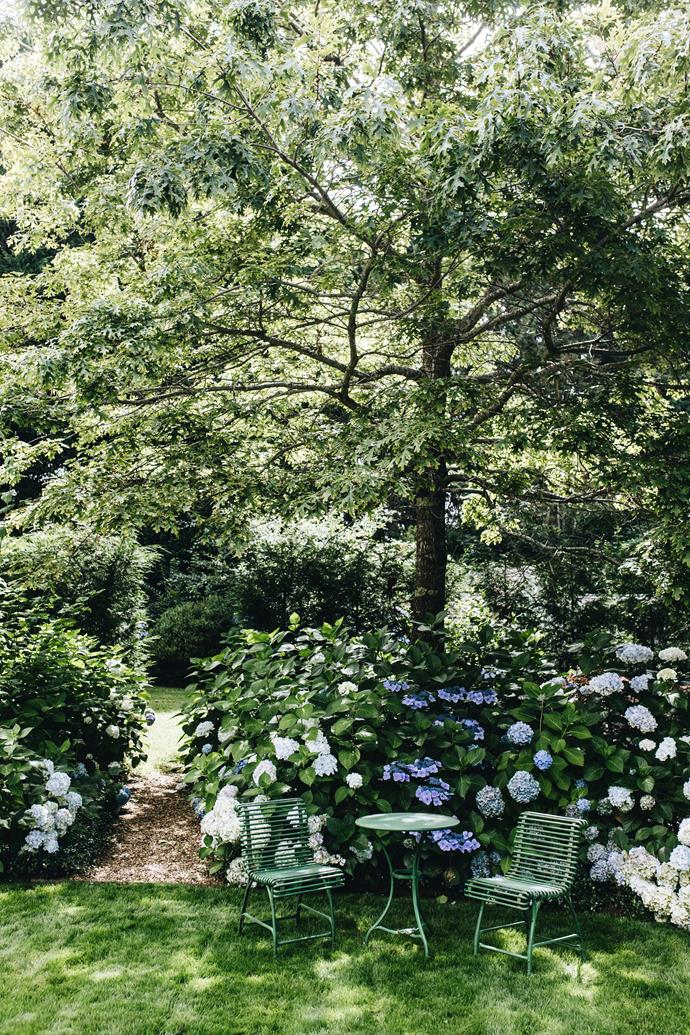 **SHADY NOOK** Perched beneath a pin oak tree with a backdrop of hydrangeas, a French garden setting from [Lydia du Bray Antiques](https://lydiedubrayantiques.com.au/|target="_blank"|rel="nofollow") presents an enchanting spot to pause and breathe in the serenity.