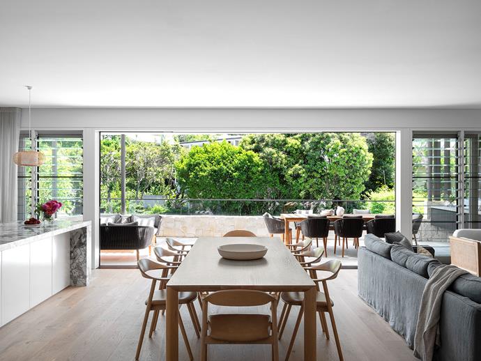 The owners spend most of their time in the treetop level open-plan living space and adjoining terrace, which has views of [the pool area below](https://www.homestolove.com.au/luxurious-swimming-pools-6154|target="_blank"). Dining table and chairs, The Wood Room. Bowl, Mud Australia. Throw, Saardé. Outdoor furniture, Cosh Living. Bodega Freeform sandstone walling, Eco Outdoor.