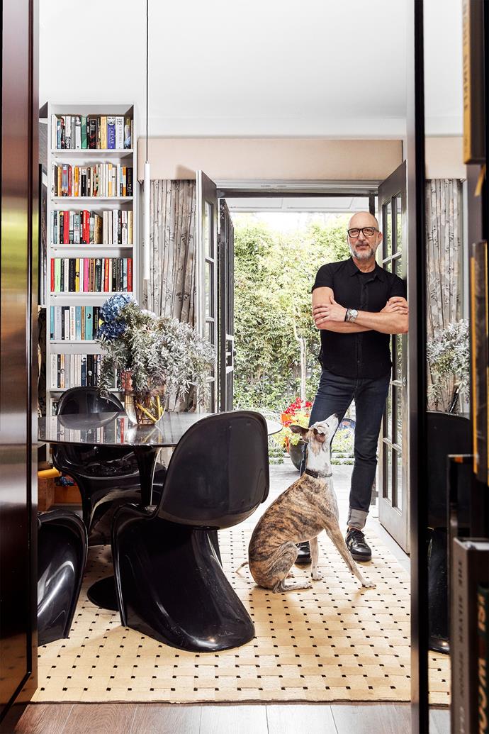 Like Richard, Jimmy the whippet is totally at home in this eclectic urban sanctuary. Custom rug, Designer Rugs.
