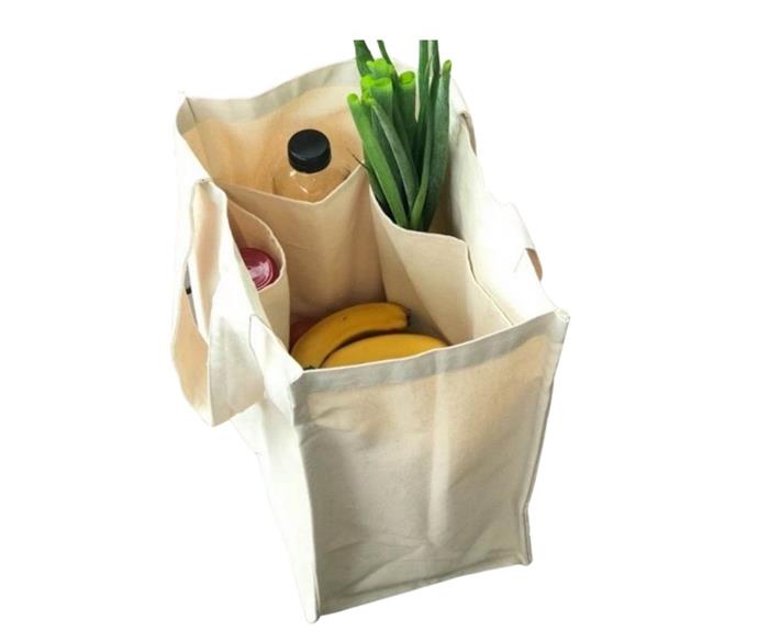 **Organic cotton canvas tote shopping bag, $27.95, [Biome](https://www.biome.com.au/reusable-bags/20699-biome-cotton-canvas-tote-bag-world-0793591433097.html|target="_blank"|rel="nofollow")** 

This generous 100% cotton bag has several compartments to help you better organise your groceries. It folds out wide and has six sneaky stitched pockets on the inside to protect long and delicate items such as fresh herbs and celery bunches, as well as keeping bottles upright.