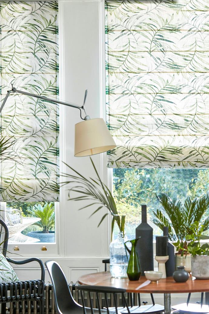 Patterned blinds draw the eye and add textural interest.