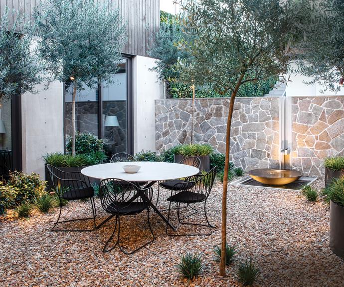 With its grove of olive trees (Olea europaea) and river pebbles, the courtyard has an alluring Mediterranean feel. Thorny olive shrubs sit under the olive trees, while Liriope muscari 'Just Right' grasses spill out of custom black steel planters. The Exes table and Folia dining chairs were sourced from [Parterre](https://www.parterre.com.au/|target="_blank"|rel="nofollow") in Sydney.