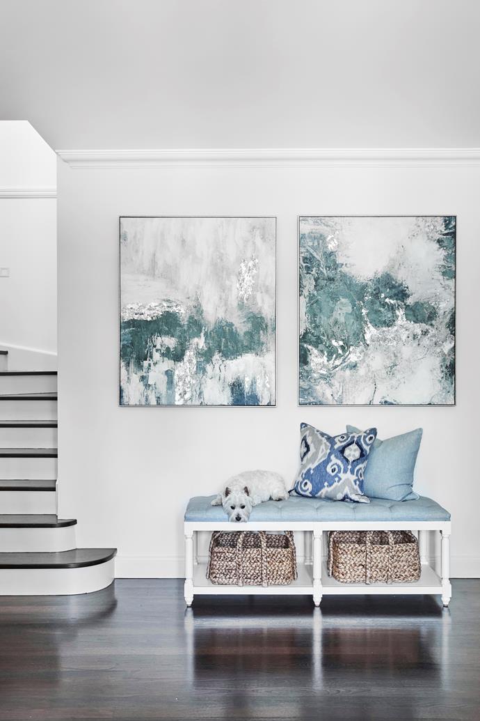 **ENTRANCE** Beyond the new front pivot door, Maisie commandeers an 'Antoinette' upholstered bench seat, beneath a pair of Cloud Sky artworks and  both from [Style My Home](https://www.stylemyhome.com.au/|target="_blank"|rel="nofollow"), set the tone for a Hamptons-inspired interior.