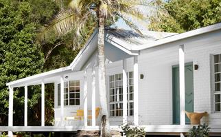 white cottage exterior with palm tree