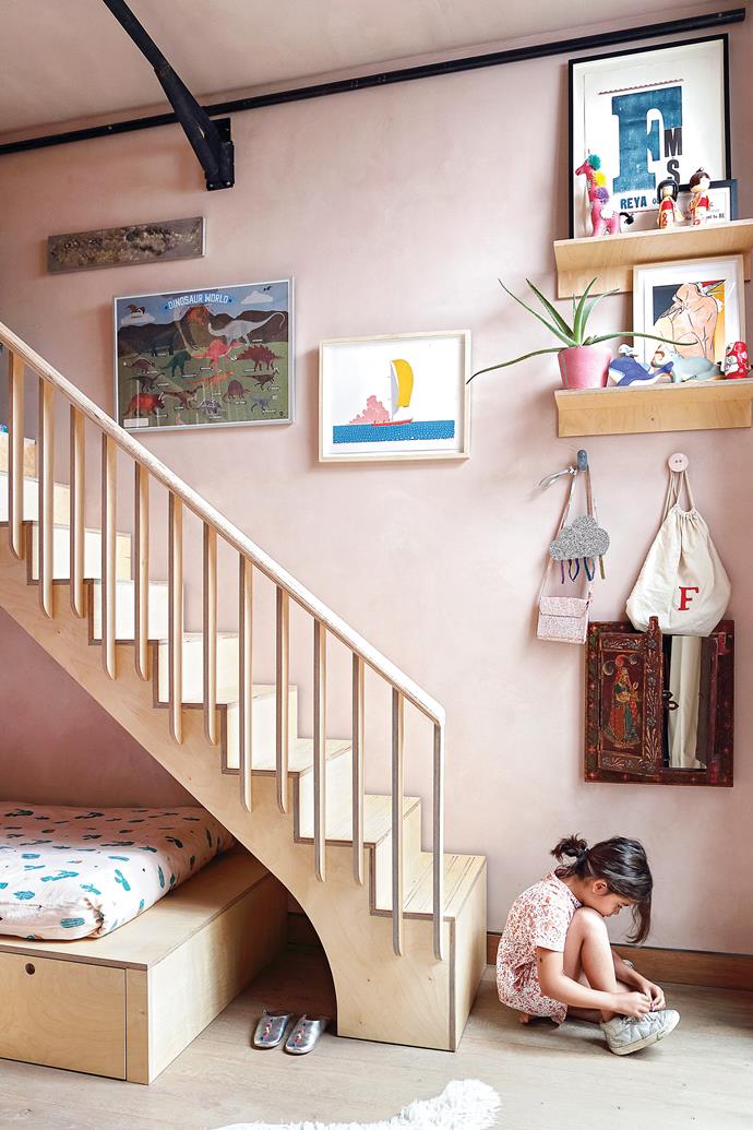 This is a masterclass in plywood joinery. "Originally, there was a central ladder providing access to the top bunk, but this proved to be slightly kamikaze for the kids, so we designed a side staircase instead," says Sean. Access to the room is either through the standard-sized door or via a hidden, child-sized doorway.