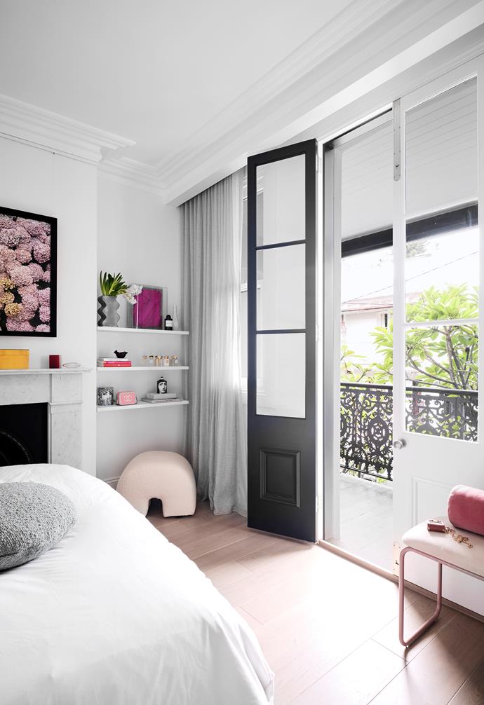 There's something romantic about the bedroom balconies of inner-Sydney terrace homes, and the rosy-hued accent pieces in Alyce's bedroom enhance the notion. A pink Hydrangeas print by Derek Henderson is an appropriate addition.