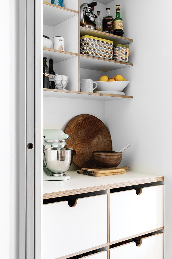 **PANTRY** The cabinetry is [Laminex](https://www.laminex.com.au/|target="_blank"|rel="nofollow") White on white birch plywood with an exposed edge. Half-moon handle cut-outs were created for the drawers. These are complemented by fluting in the pantry sink and plaster wall lights. Using existing shapes and elements help to honour the house's past, while being part of what should be a more sustainable, low-impact future.