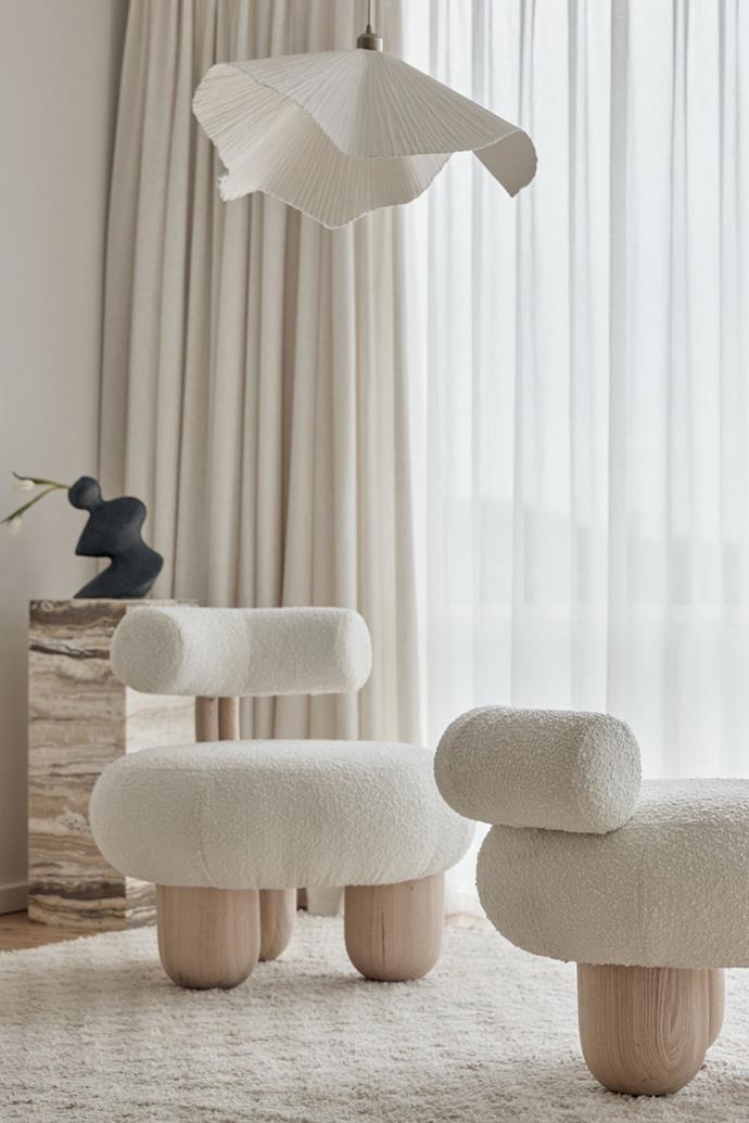 The [Bling Bling Chair](https://hegidesignhouse.com/collections/hegi-x-pietro-franceschini/products/bling-bling-chair|target="_blank"|rel="nofollow") features a cloud-like bouclé seat and timber legs.
