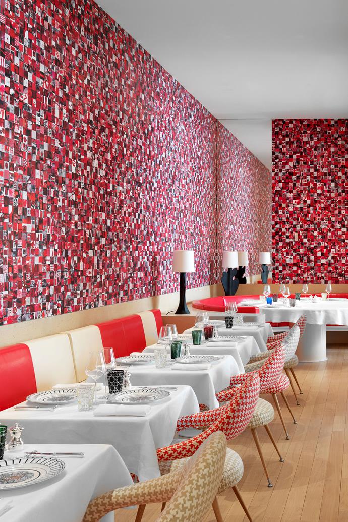 An assemblage by Guy Limone covers a wall at the Monsieur Dior restaurant, which features bespoke lamps by Melbourne artist Sarah Nedovic Gaunt. Poltrona Frau chairs are covered in houndstooth check in a nod to the original packaging of the Miss Dior fragrance, created at 30 Montaigne in 1947.