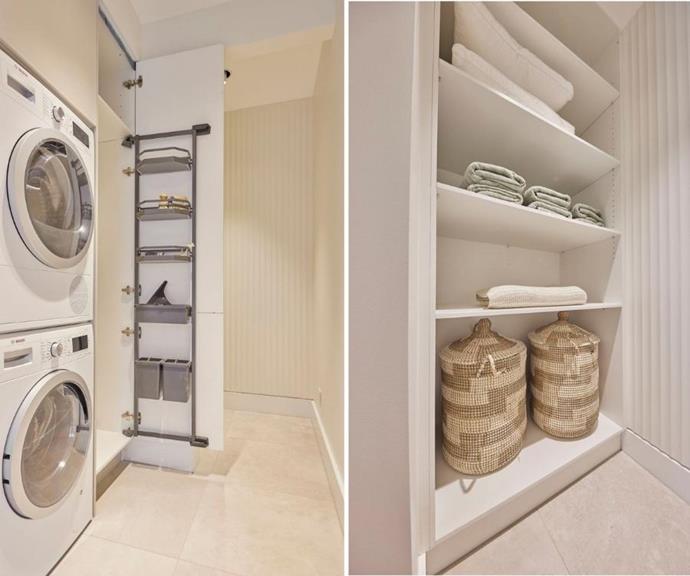 The secret to any good laundry design is to pack in as much storage as you can afford, to accommodate both washing and cleaning items. Left, the Häfele Broom Pantry by Kinsman stores taller items while the inclusion of storage rack keeps cleaning items organised.