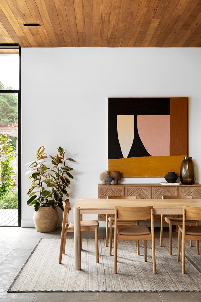 Vases, Morning Light by Emily Heysen takes centrestage, beautifully complemented by a Linea 'Oslo' dining table, Sketch 'Poise' dining chairs, Harper buffet, Tepih 'Stitch' rug and a Lark basket, all from GlobeWest.