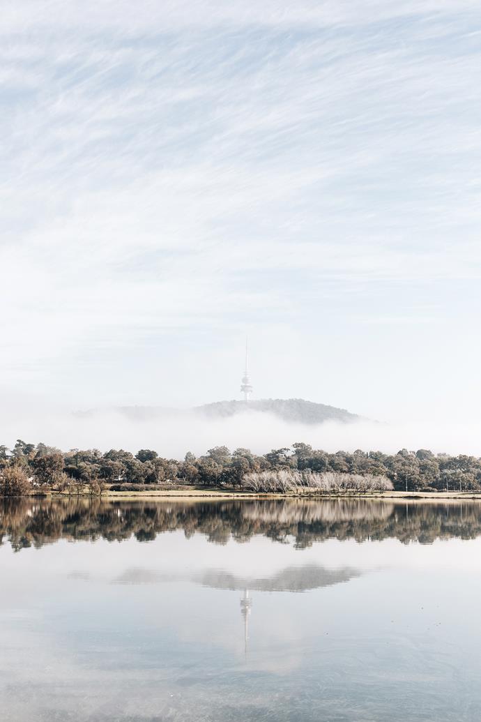 Beyond Lake Burley Griffin sits the iconic Telstra Tower.