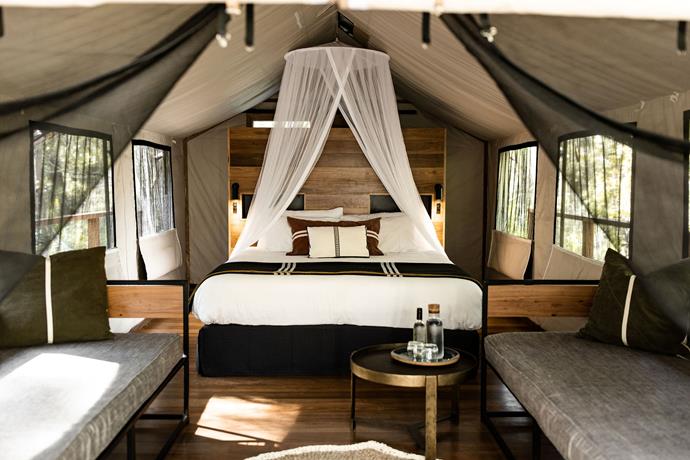 Inside the Delux Plus safari tent at Paperbark Camp you'll find a comfy king size bed with a canopy to keep mosquitoes away, inviting day lounges and a "bush bath with a view".