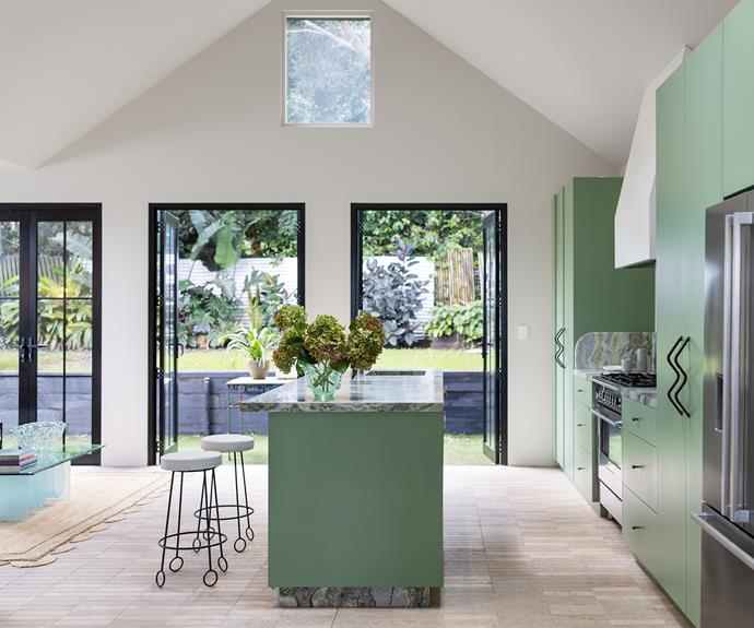 "My favourite room is the kitchen," says Dani. "From day dot we knew it was going to be green, I wasn't going to budge on that. But we had to try a lot of greens to find the right one. I really love this colour." She chose Dulux Dinosaur in a matte finish for all the cabinetry, which was built by James Middleton. "He's wonderful," Dani says of his craftsmanship.