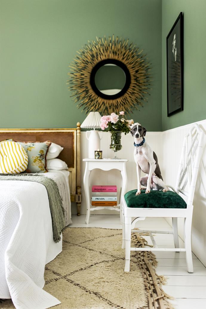 Neale and David love hosting family and friends at their country casa and they've named their guest rooms the 'green room' and the 'blue room' for obvious reasons. This room gets the nod of approval from Italian Greyhound Graham. It is painted Porter's Paints Bayleaf, to reflect the greenery outside. Bedlinen is all from the Neale Whitaker collection, My House. Vintage Beni Ourain rug, Jason Mowen.