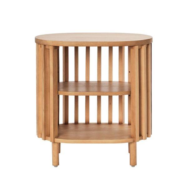 **[Mark Tuckey slat shelf bedside table, $279.99 (usually $399.99), Adairs](https://www.adairs.com.au/furniture/bedside-tables/mark-tuckey/mark-tuckey-slat-3-shelf-bedside-table/|target="_blank"|rel="nofollow")**<br>
For those wanting to achieve a Scandi-style look in the bedroom, opting for a simple, wooden table like this one is a good option. This circular design offers to shelves for placing books, a lamp or art d'objet. **[SHOP NOW.](https://www.adairs.com.au/furniture/bedside-tables/mark-tuckey/mark-tuckey-slat-3-shelf-bedside-table/|target="_blank"|rel="nofollow")**