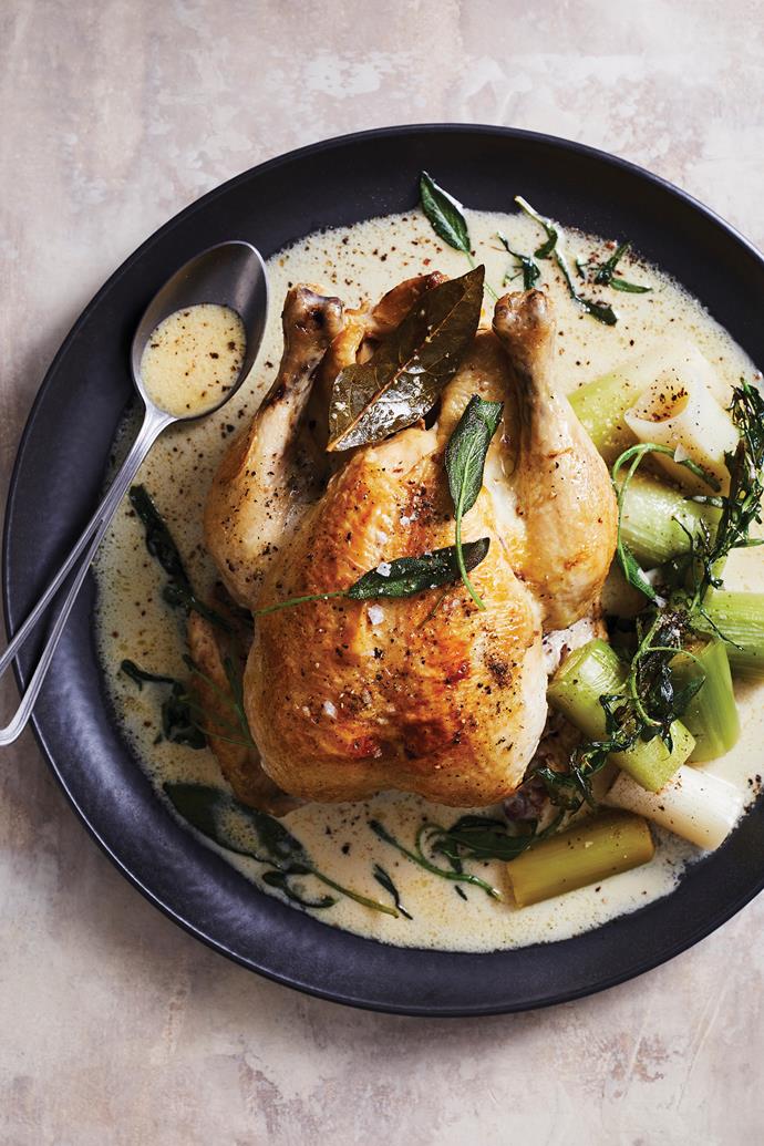 Milk-poached whole chicken.