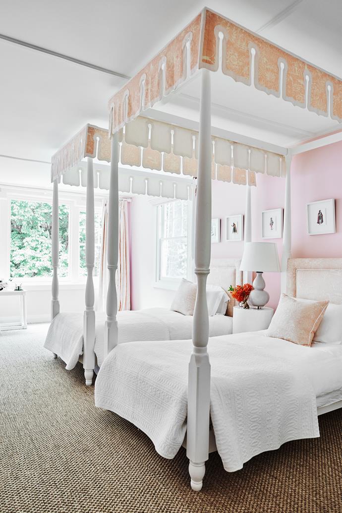 Charlotte's daughter Daphne's room is painted in Resene 'Cosmos' to pair with the "slightly clashing pink" of the Kathryn Ireland toile used for the beds and curtains.