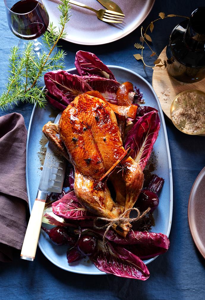 Mulled wine roasted duck with baby beetroot and radicchio
