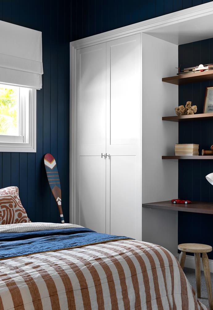 This room features Shaker-profile cabinetry in [Dulux](https://www.dulux.com.au/|target="_blank"|rel="nofollow") Vivid White and Florentine Walnut woodmatt laminate. Walls, [Resene](https://www.resene.com.au/|target="_blank"|rel="nofollow") Bunting. Paddle, [Coastal Vintage](https://coastalvintage.com.au/|target="_blank"|rel="nofollow"). Stool, [Kira & Kira](https://kiraandkira.com.au/|target="_blank"|rel="nofollow").