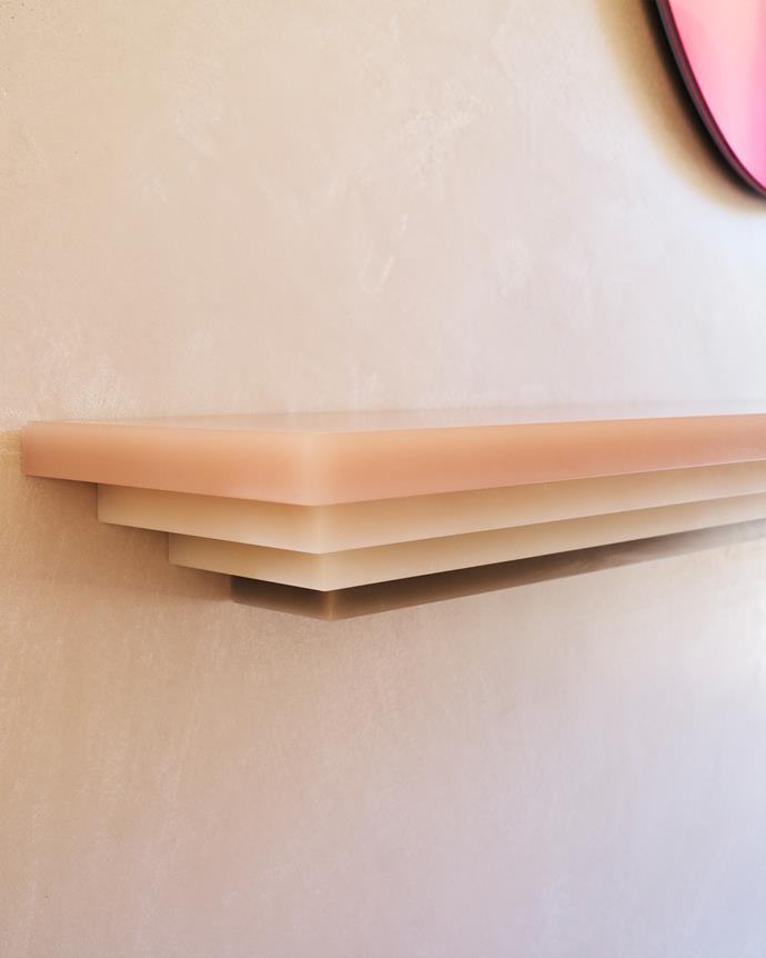 The custom-made Marblo console, which is fixed to the wall, in detail. Love the look? Dip your toe into the water with the Vase Versa bud vase by Dean Toepfer, $180, via [Makers' Mrkt](https://makersmrkt.com/products/vase-versa-pink-melon|target="_blank"|rel="nofollow").