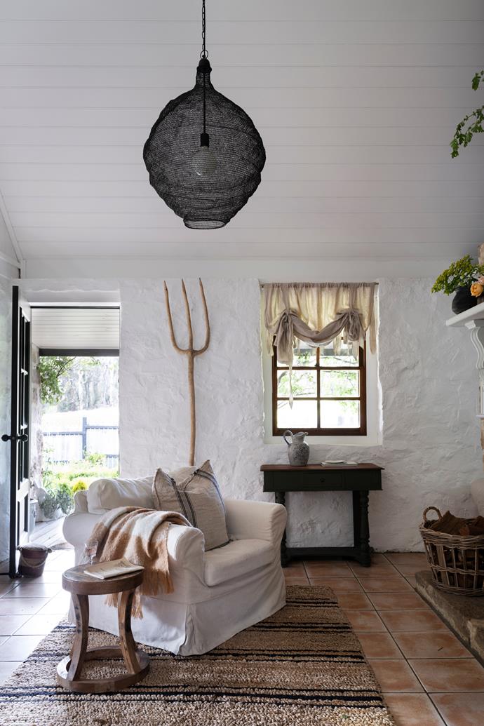 **LIVING** The interiors favour a cosy, country vibe with much of the furniture and decor from the couple's previous home. An Ikea chair received a new lease on life courtesy of a [Bemz](https://bemz.com/|target="_blank"|rel="nofollow") custom cover. The pendant is from Amara Home.