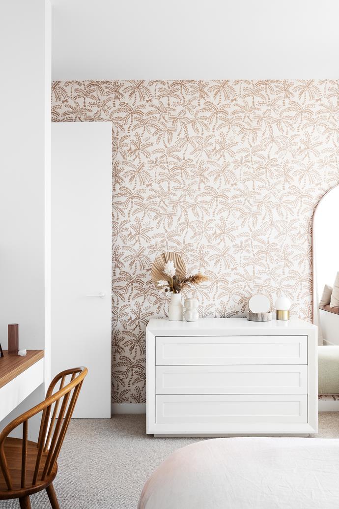 Palmy wallpaper from These Walls adds beautiful colour and detail. Austin dresser, GlobeWest. Miss Holly chair, Thonet. Bjorn mirror, Warranbrooke. Bedlinen and table lamps, all Milk & Sugar.