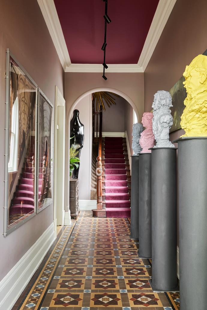 In the expansive entrance hall busts by Guy Maestri, a recent commission by Alexander, are in cast bronze rendered to look like plasticine. Wide hallways are a feature of the terrace.
