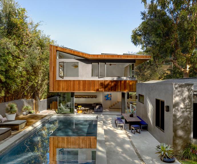 **POOL AREA** Architect David Thompson was tasked with opening the home up to its glorious garden and the canyon beyond. He also specified sustainable materials such as western red cedar for the new first floor. [Fiore Landscape Design](https://fiorelandscapedesign.com/|target="_blank"|rel="nofollow") then made the outdoor areas more drought-tolerant. Sectional furniture, [Gloster](https://www.gloster.com/en/|target="_blank"|rel="nofollow"). Day beds, [Janus Et Cie](https://www.janusetcie.com/residential/|target="_blank"|rel="nofollow"). Side tables, [Dedon](https://www.dedon.de/|target="_blank"|rel="nofollow").
