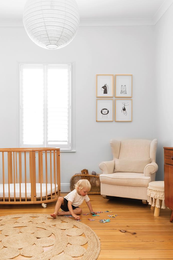 **SEBASTIAN'S ROOM** A wingback chair from [Brosa](https://www.brosa.com.au/|target="_blank"|rel="nofollow") softens the corner. Crib/bed from [Stokke](https://stokkeshop.com.au/|target="_blank"|rel="nofollow"). Pendant, [Imprint House](https://www.imprinthouse.net/|target="_blank"|rel="nofollow"). Artworks, Etsy.