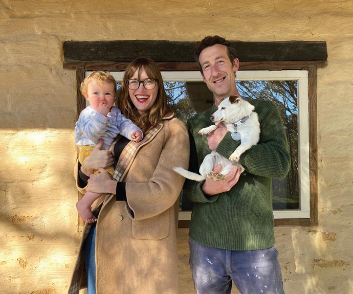 Ally Oliver-Perham and Harry Dickson with their baby daughter Billie Plum and rescue dog Scout, a Jack Russell cross chihuahua.