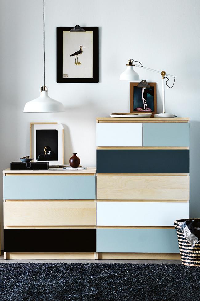 Try this palette on plain [Ikea drawer sets](https://www.ikea.com/au/en/p/malm-chest-of-6-drawers-white-stained-oak-veneer-20354670/|target="_blank"|rel="nofollow"). It's the perfect thing to do on a lazy Sunday afternoon. We used [British Paints](https://www.britishpaints.com.au/|target="_blank"|rel="nofollow") 'Clean & Protect' interior low sheen acrylic in Dark Silhouette, Riverstar and Blue Forge.