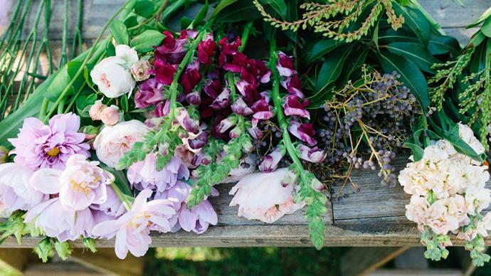 Once you've scoured your own garden, head to the markets to fill up your posy with all the pretty flowers. We recommend [tulips](https://www.homestolove.com.au/how-to-grow-tulip-bulbs-in-a-vase-10586|target="_blank") (for some great shape), stocks (for height), garden roses (because it's Mothers Day!) and lissianthus. From there, look for things like privet berries, rosehip, andromeda – all that textural goodness.