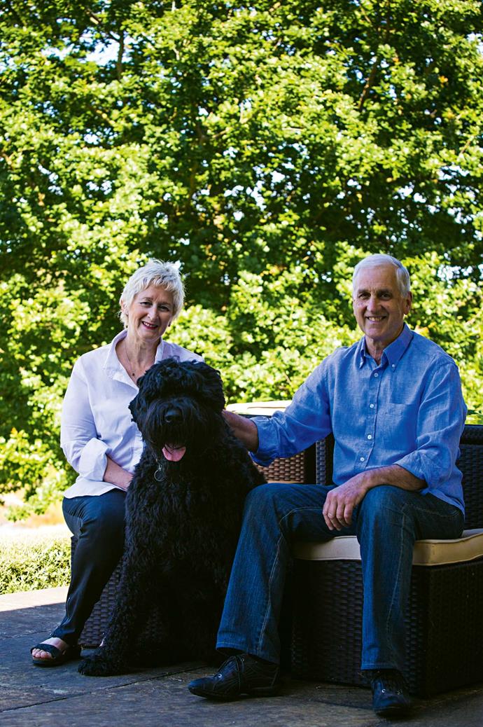 Sue, Steve and Luther the Black Russian terrier. The Pates walk Luther around the lake several times a day, although they have to keep him away from the [beehive](https://www.homestolove.com.au/adding-a-bee-hive-to-your-garden-9890|target="_blank"), "as the bees seem to think he's a big black bear," Sue laughs.